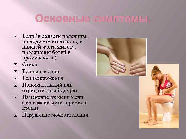 Основные симптомы. Боли (в области поясницы, по ходу мочеточников, в нижней части живота, иррадиация