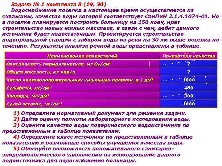 Задача № 1 комплекта 8 (19, 30) Водоснабжение поселка в настоящее время осуществляется из