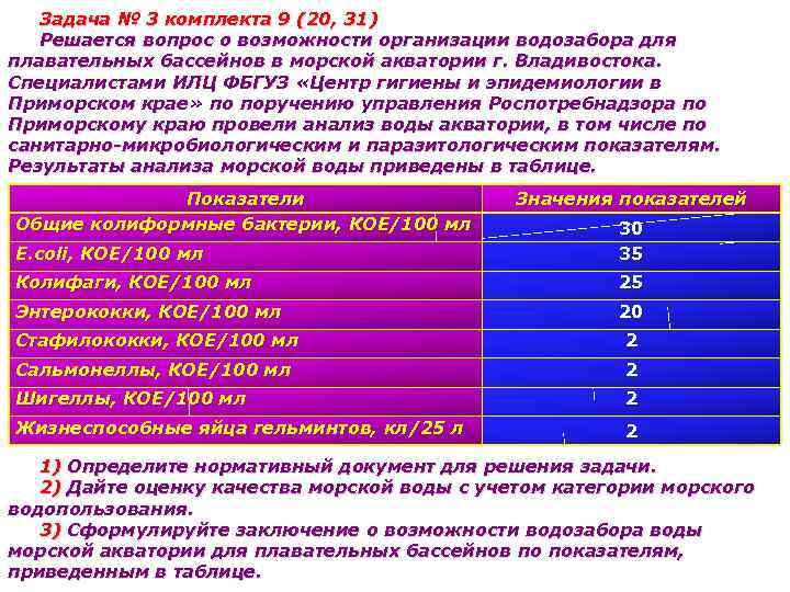 Задача № 3 комплекта 9 (20, 31) Решается вопрос о возможности организации водозабора для