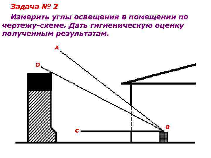 Задача № 2 Измерить углы освещения в помещении по чертежу-схеме. Дать гигиеническую оценку полученным