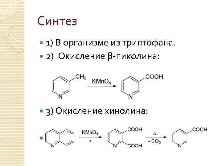 Синтез 1) В организме из триптофана. 2) Окисление β-пиколина: 3) Окисление хинолина: 