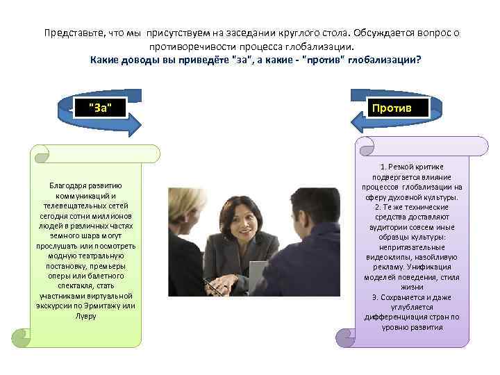 Представьте, что мы присутствуем на заседании круглого стола. Обсуждается вопрос о противоречивости процесса глобализации.