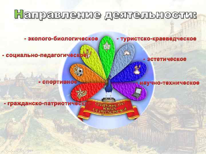 Направление деятельности: - эколого-биологическое - социально-педагогическое - спортивное - гражданско-патриотическая - туристско-краеведческое - эстетическое