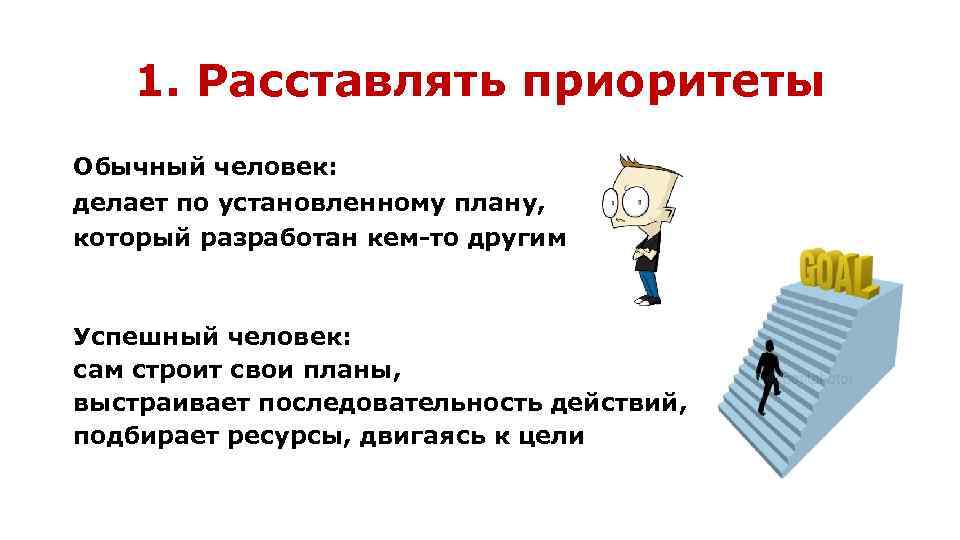 1. Расставлять приоритеты Обычный человек: делает по установленному плану, который разработан кем-то другим Успешный