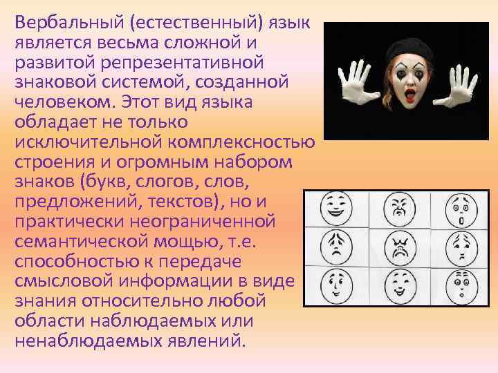 Вербальный (естественный) язык является весьма сложной и развитой репрезентативной знаковой системой, созданной человеком. Этот