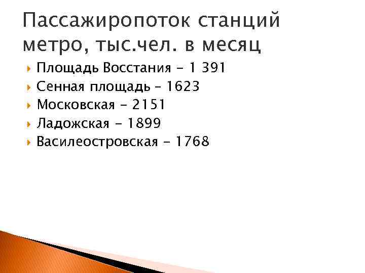 Пассажиропоток станций метро, тыс. чел. в месяц Площадь Восстания - 1 391 Сенная площадь