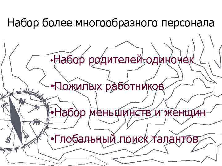 Набор более многообразного персонала • Набор родителей-одиночек • Пожилых работников • Набор меньшинств и