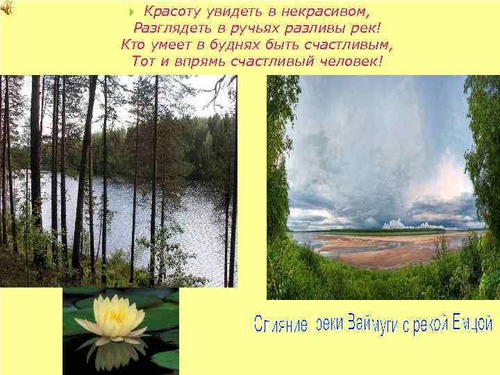 Увидеть в некрасивом. Красоту увидеть в некрасивом разглядеть в ручьях разливы. Разглядеть в ручьях разливы рек. Красоту увидеть в некрасивом. Кто умеет в буднях быть счастливым, разглядеть ручьях разливы рек.