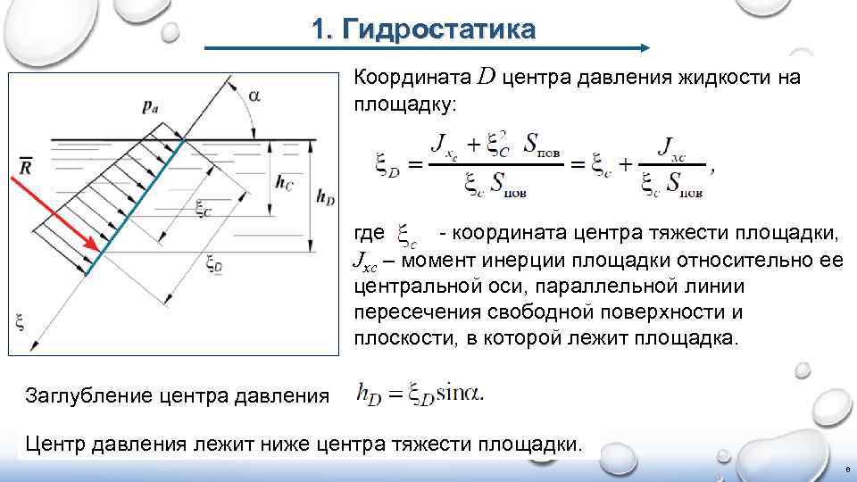 1. Гидростатика Координата D центра давления жидкости на площадку: где - координата центра тяжести