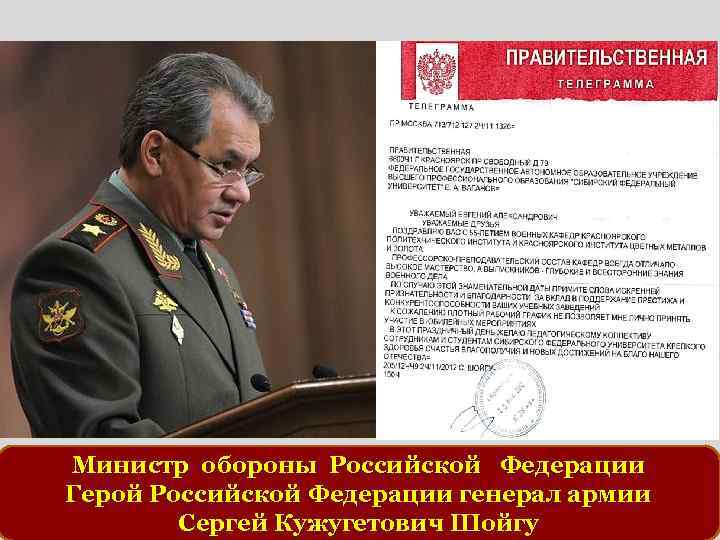 Министр обороны Российской Федерации Герой Российской Федерации генерал армии Сергей Кужугетович Шойгу 