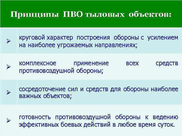 Принципы ПВО тыловых объектов: Ø круговой характер построения обороны с усилением на наиболее угрожаемых