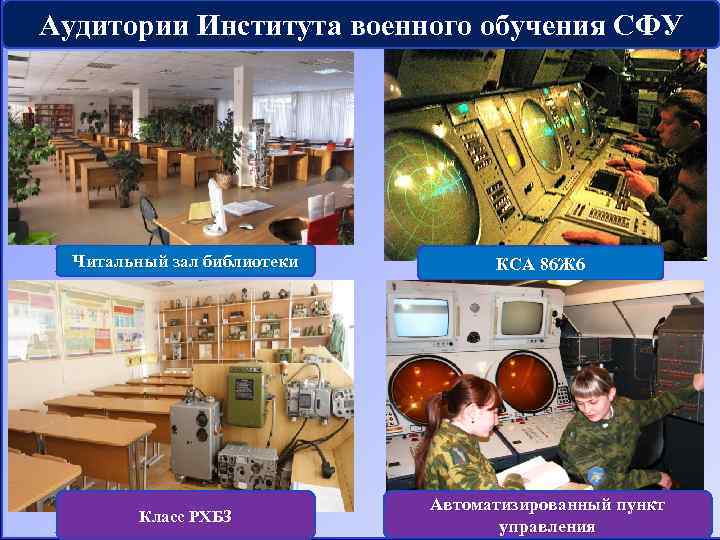 Аудитории Института военного обучения СФУ Читальный зал библиотеки Класс РХБЗ КСА 86 Ж 6