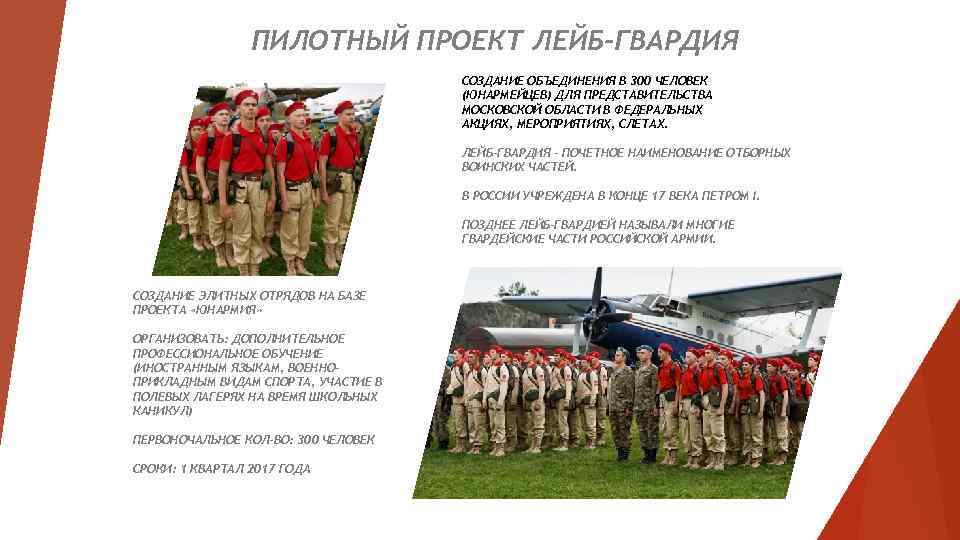 ПИЛОТНЫЙ ПРОЕКТ ЛЕЙБ-ГВАРДИЯ СОЗДАНИЕ ОБЪЕДИНЕНИЯ В 300 ЧЕЛОВЕК (ЮНАРМЕЙЦЕВ) ДЛЯ ПРЕДСТАВИТЕЛЬСТВА МОСКОВСКОЙ ОБЛАСТИ В