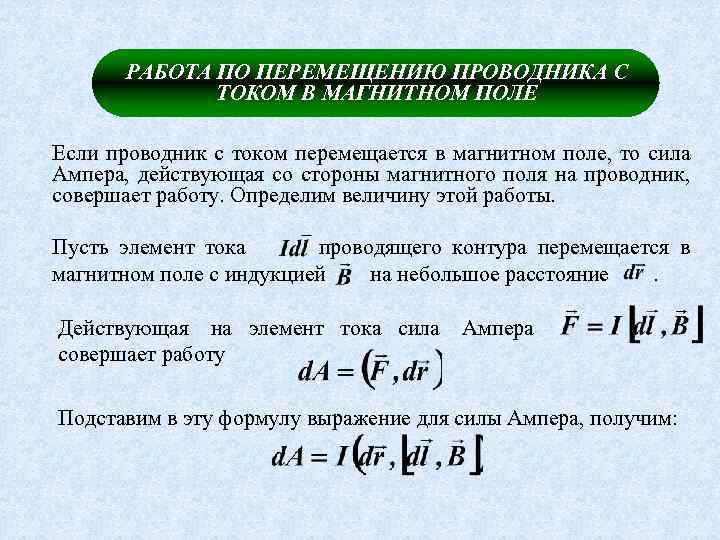 РАБОТА ПО ПЕРЕМЕЩЕНИЮ ПРОВОДНИКА С ТОКОМ В МАГНИТНОМ ПОЛЕ Если проводник с током перемещается