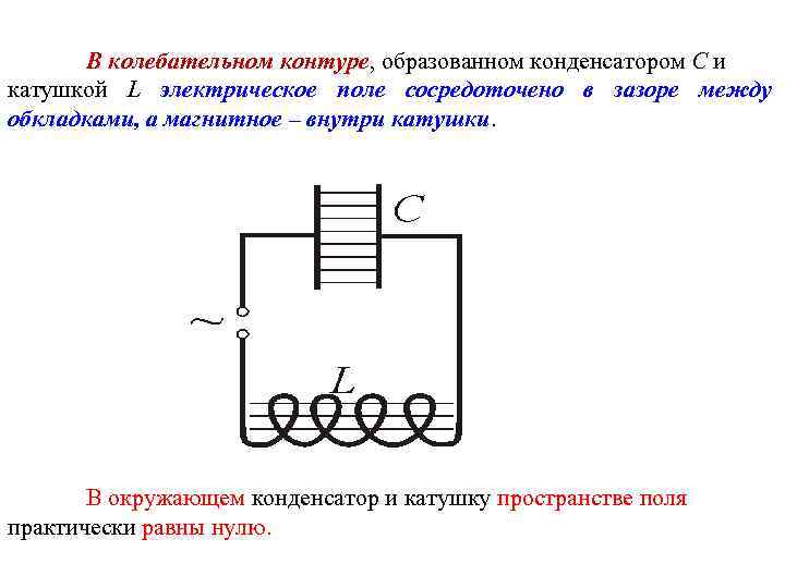 В колебательном контуре, образованном конденсатором С и катушкой L электрическое поле сосредоточено в зазоре