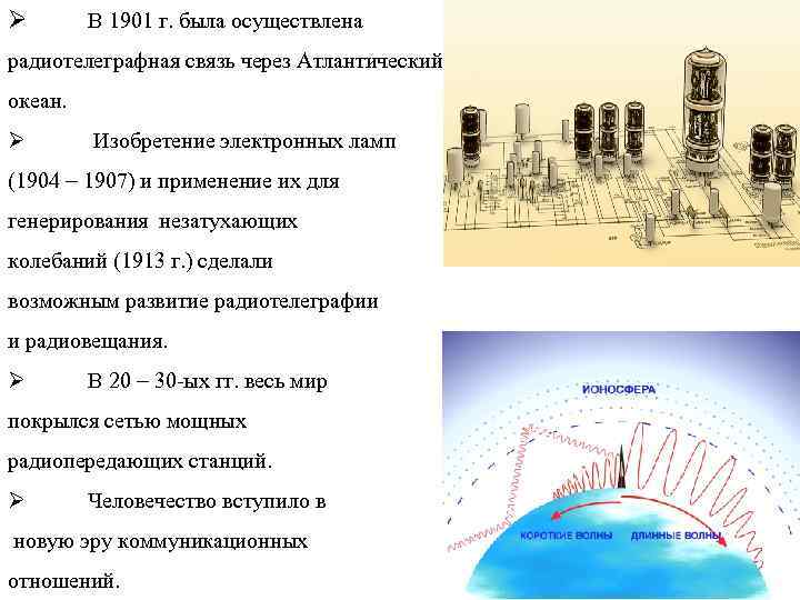 Ø В 1901 г. была осуществлена радиотелеграфная связь через Атлантический океан. Ø Изобретение электронных