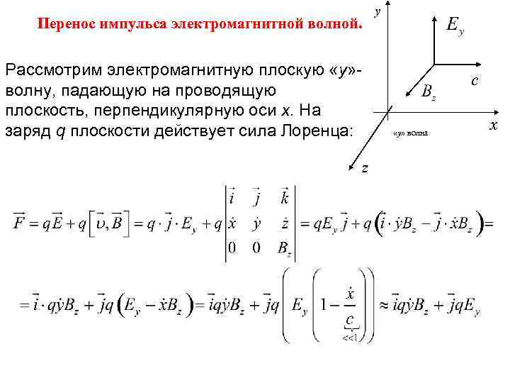 Перенос импульса электромагнитной волной. Рассмотрим электромагнитную плоскую «y» волну, падающую на проводящую плоскость, перпендикулярную