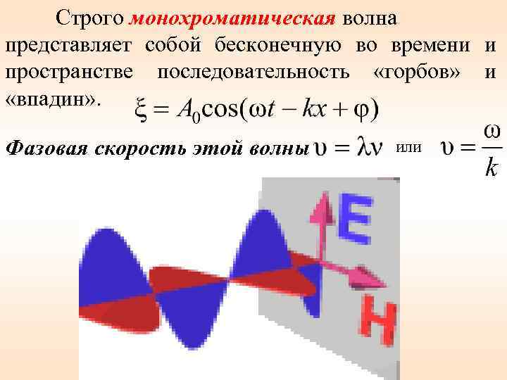 Строго монохроматическая волна представляет собой бесконечную во времени и пространстве последовательность «горбов» и «впадин»