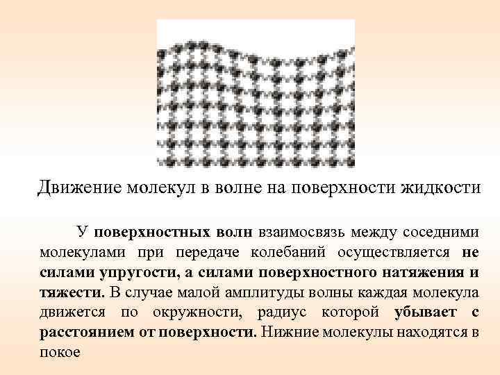  Движение молекул в волне на поверхности жидкости У поверхностных волн взаимосвязь между соседними