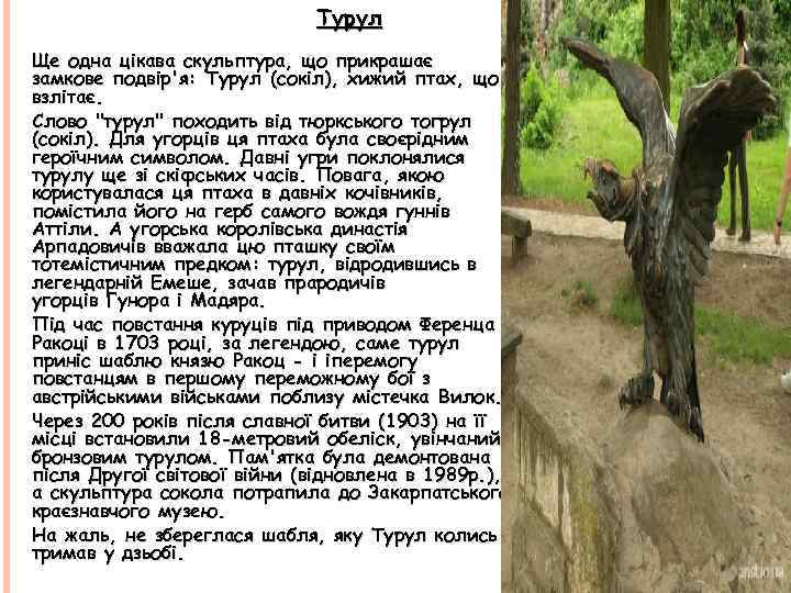 Турул Ще одна цікава скульптура, що прикрашає замкове подвір'я: Турул (сокіл), хижий птах, що