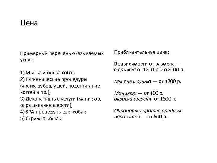 Цена Примерный перечень оказываемых услуг: 1) Мытье и сушка собак 2) Гигиенические процедуры (чистка