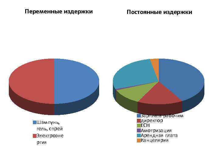 Переменные издержки Шампунь, гель, спрей Электроэне ргия Постоянные издержки Зарплата рабочим директор ЕСН Амотризация