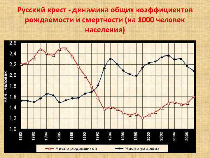 Русский крест динамика общих коэффициентов рождаемости и смертности (на 1000 человек населения) 