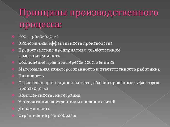 Принципы производственного процесса: v v v Рост производства Экономичная эффективность производства Предоставление предприятиям хозяйственной