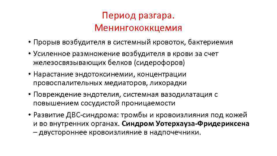 Период разгара. Менингококкцемия • Прорыв возбудителя в системный кровоток, бактериемия • Усиленное размножение возбудителя