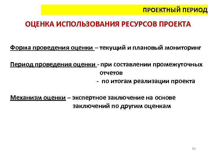 ПРОЕКТНЫЙ ПЕРИОД ОЦЕНКА ИСПОЛЬЗОВАНИЯ РЕСУРСОВ ПРОЕКТА Форма проведения оценки – текущий и плановый мониторинг