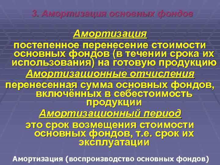 3. Амортизация основных фондов Амортизация постепенное перенесение стоимости основных фондов (в течении срока их