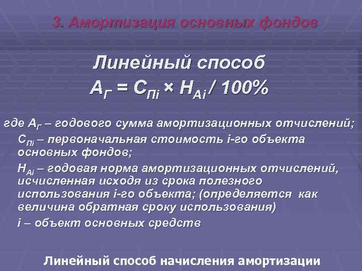 3. Амортизация основных фондов Линейный способ АГ = СПi × НАi / 100% где