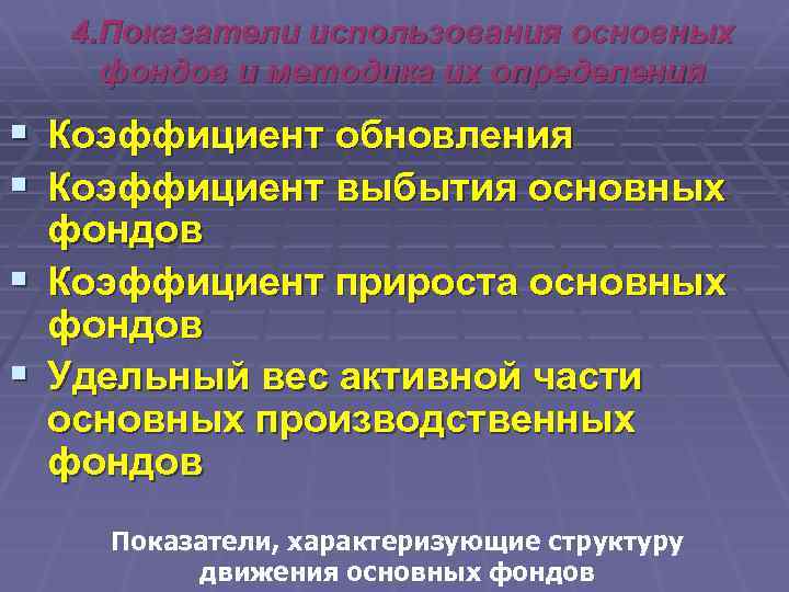 4. Показатели использования основных фондов и методика их определения § Коэффициент обновления § Коэффициент