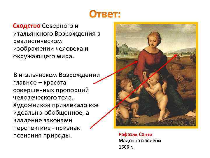 Сходство Северного и итальянского Возрождения в реалистическом изображении человека и окружающего мира. В итальянском