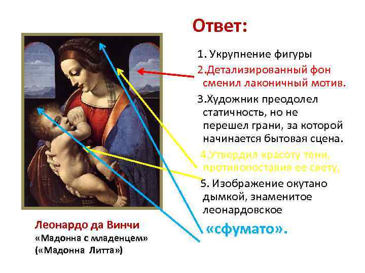 Ответ: 1. Укрупнение фигуры 2. Детализированный фон сменил лаконичный мотив. 3. Художник преодолел статичность,