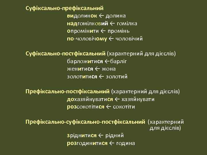 Суфіксально-префіксальний видолинок ← долина надгомілковий ← гомілка опромінити ← промінь по-чоловічому ← чоловічий Суфіксально-постфіксальний