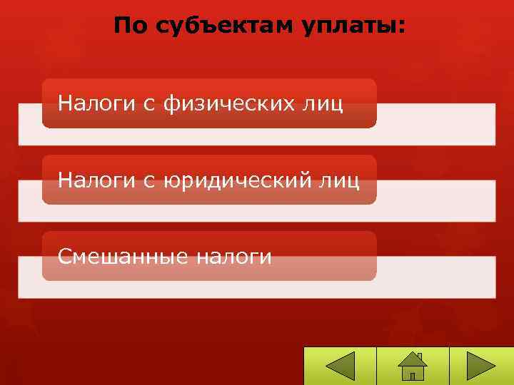 По субъектам уплаты: Налоги с физических лиц Налоги с юридический лиц Смешанные налоги 