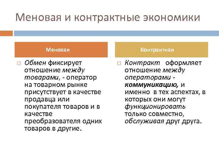 Меновая и контрактные экономики Меновая Обмен фиксирует отношение между товарами, - оператор на товарном