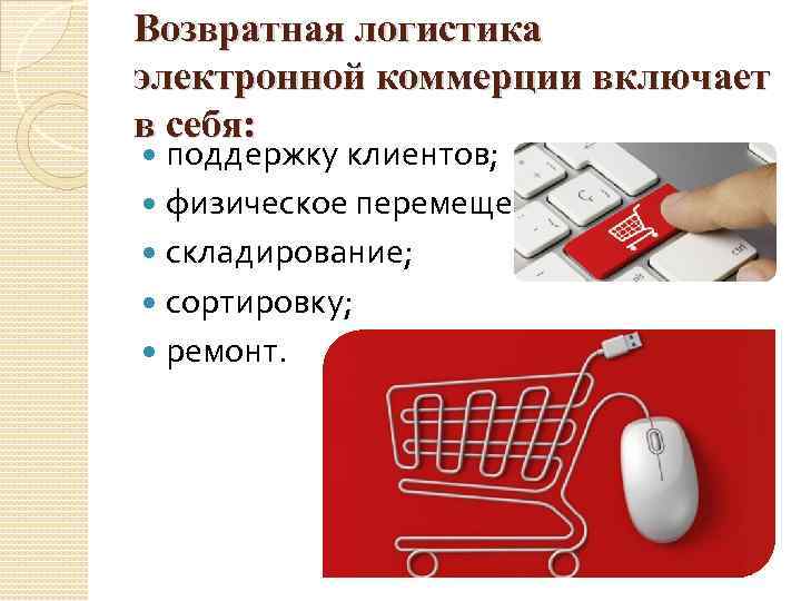 Возвратная логистика электронной коммерции включает в себя: поддержку клиентов; физическое перемещение; складирование; сортировку; ремонт.