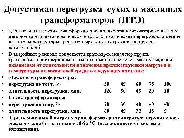  Допустимая перегрузка сухих и масляных трансформаторов (ПТЭ) • Для масляных и сухих трансформаторов,