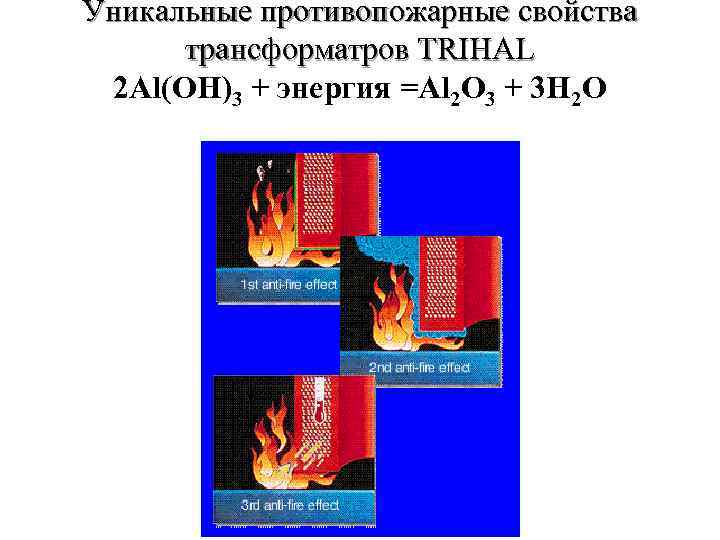 Уникальные противопожарные свойства трансформатров TRIHAL 2 Al(OH)3 + энергия =Al 2 O 3 +