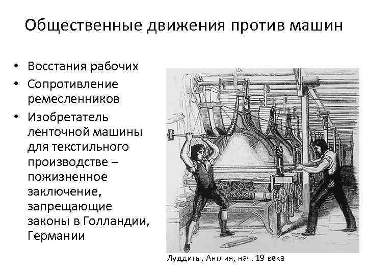 Общественные движения против машин • Восстания рабочих • Сопротивление ремесленников • Изобретатель ленточной машины