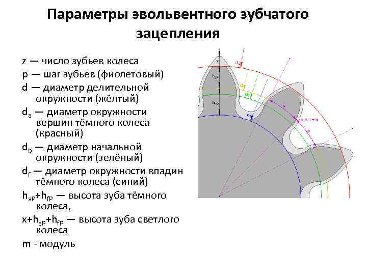 Параметры эвольвентного зубчатого зацепления z — число зубьев колеса p — шаг зубьев (фиолетовый)