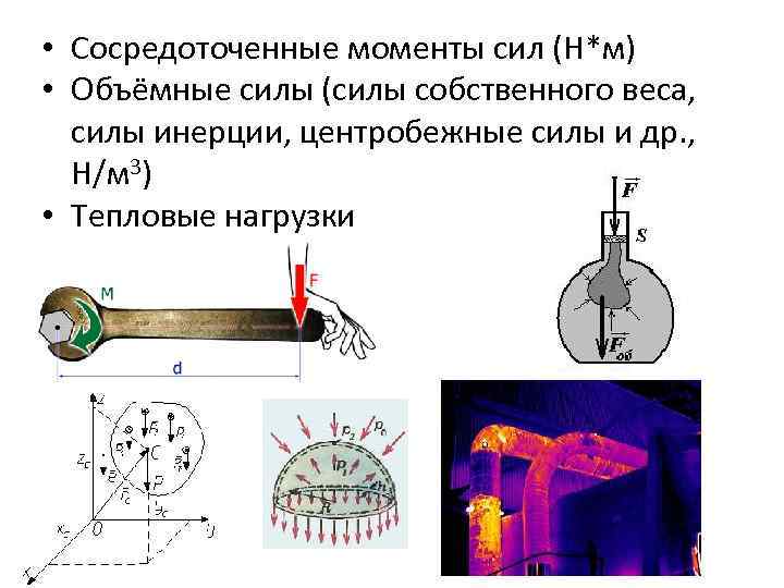  • Сосредоточенные моменты сил (Н*м) • Объёмные силы (силы собственного веса, силы инерции,