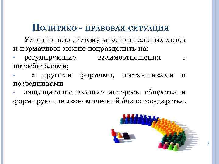 ПОЛИТИКО - ПРАВОВАЯ СИТУАЦИЯ Условно, всю систему законодательных актов и нормативов можно подразделить на: