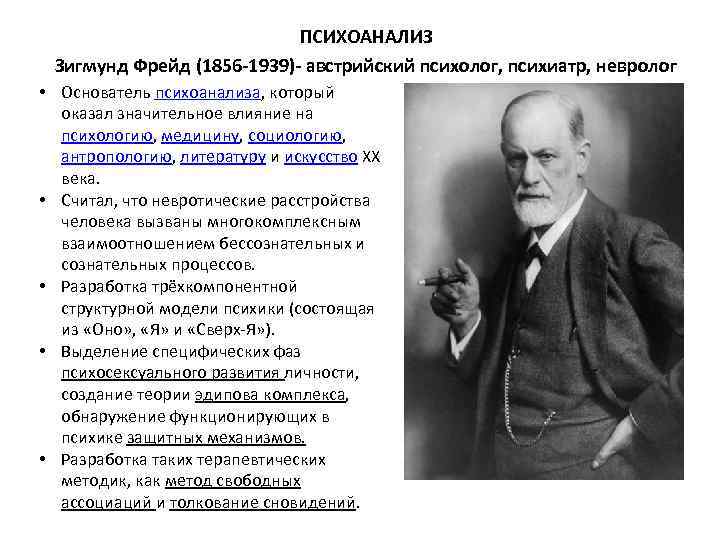 ПСИХОАНАЛИЗ Зигмунд Фрейд (1856 -1939)- австрийский психолог, психиатр, невролог • Основатель психоанализа, который оказал