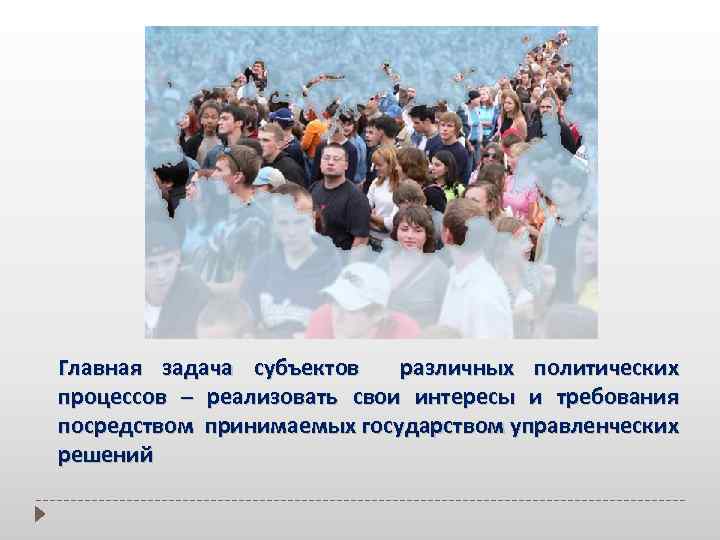 Главная задача субъектов различных политических процессов – реализовать свои интересы и требования посредством принимаемых