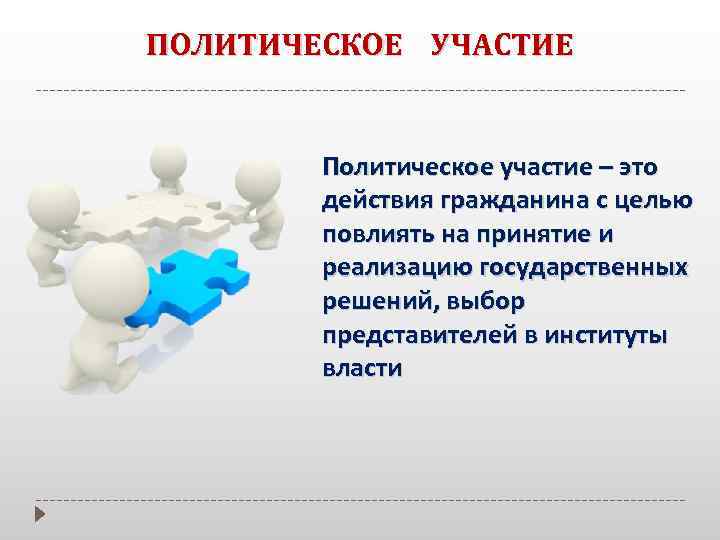ПОЛИТИЧЕСКОЕ УЧАСТИЕ Политическое участие – это действия гражданина с целью повлиять на принятие и