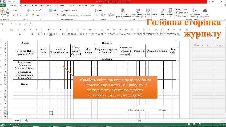 Головна сторінка журналу кількість клітинок повинна відповідати кількості пар з певного предмету; з урахуванням