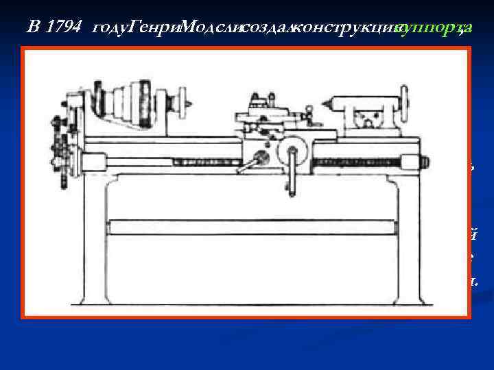 В 1794 году. Генри. Модслисоздалконструкцию суппорта , довольно несовершенную. В 1798 году, основав собственную